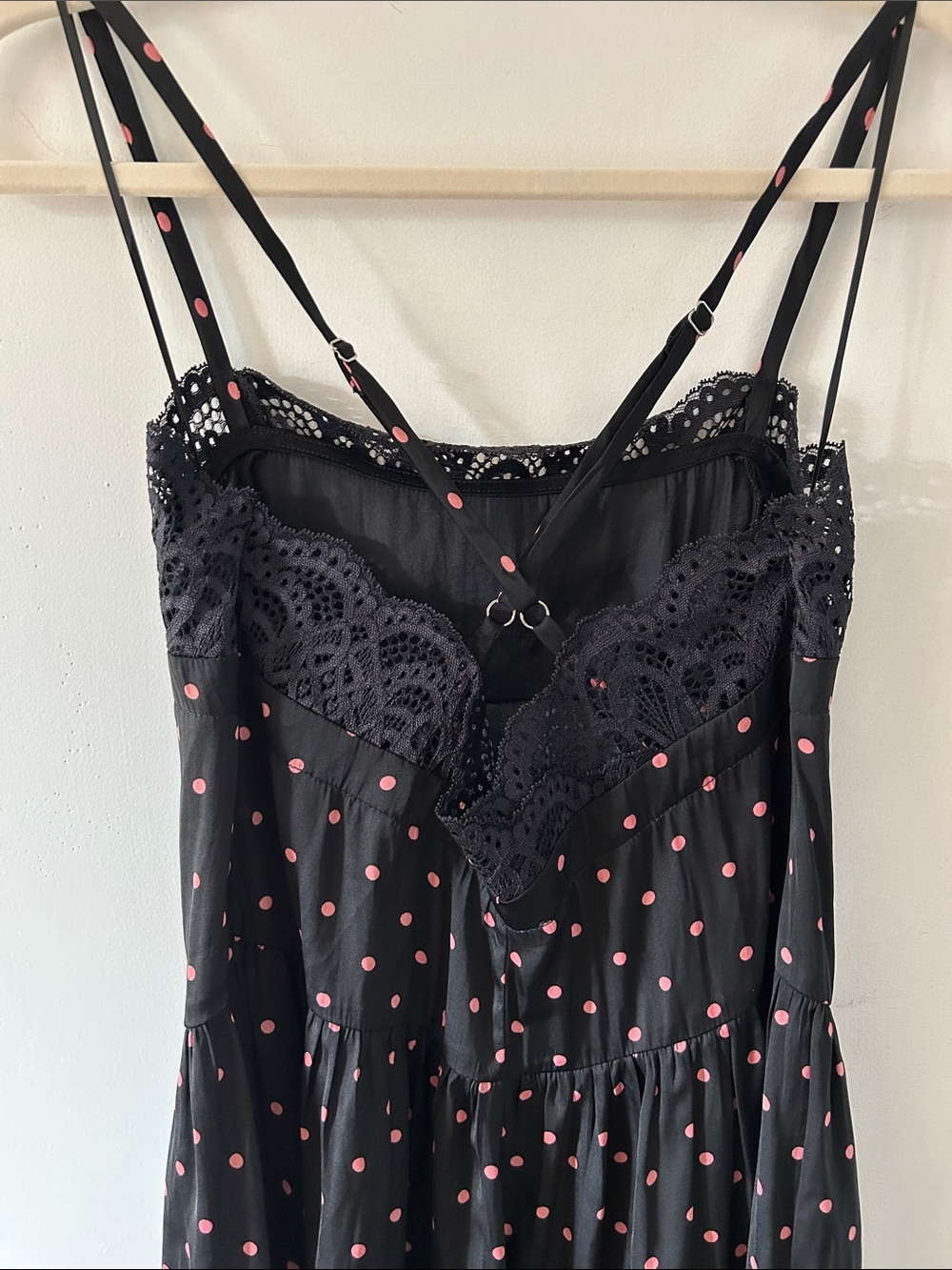 Intimately Free People City Wanders Trapeze Slip Black/Pink Polka Dot Lace Trim - Picture 4 of 14